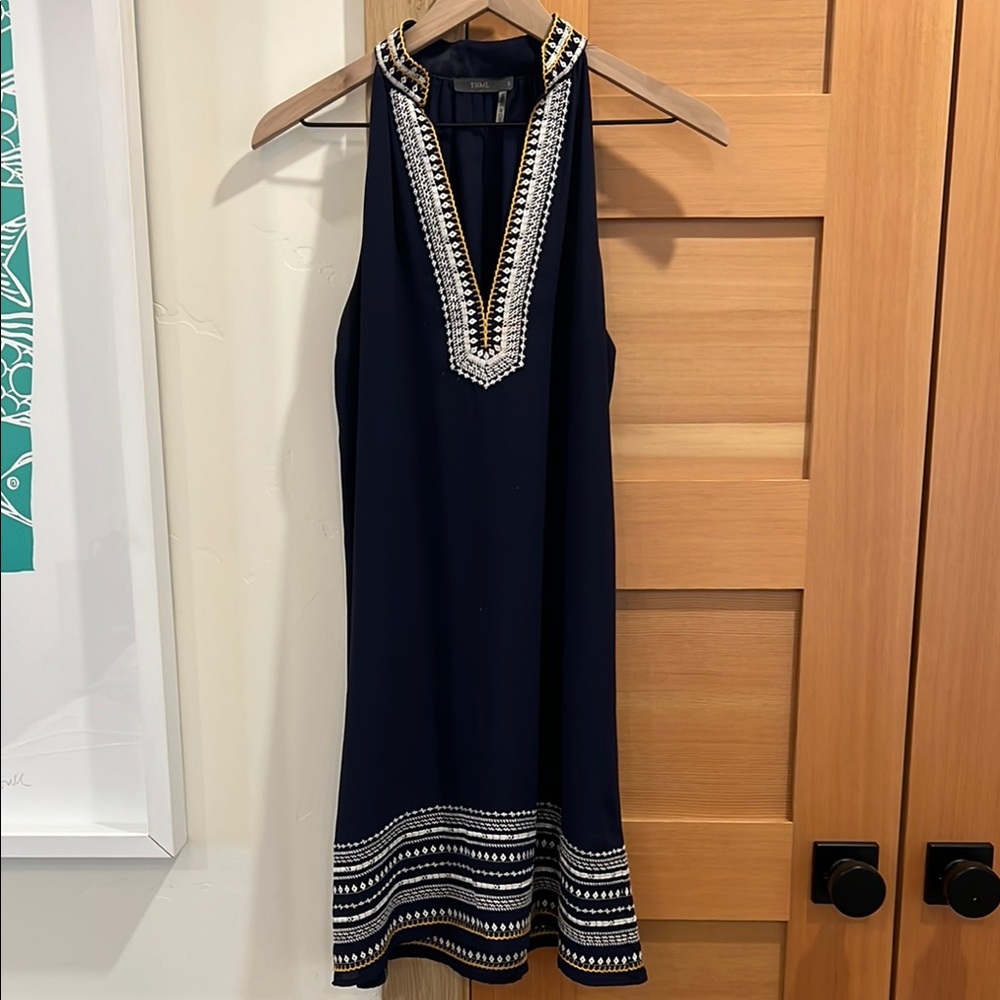 THML Blue and White Embellished Halter Midi Dress